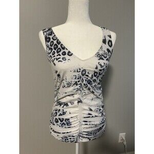 LAST TANGO Animal Print Ruched Court Tank M/L with Scoop Neck/High Back